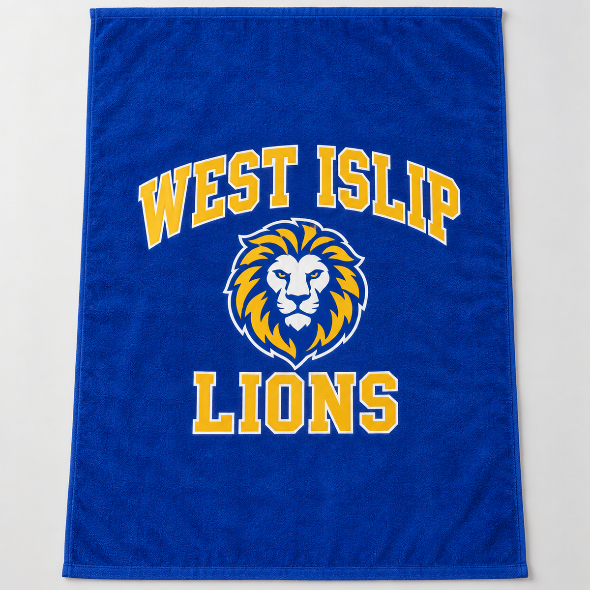 West Islip Lions royal blue beach towel, full front view