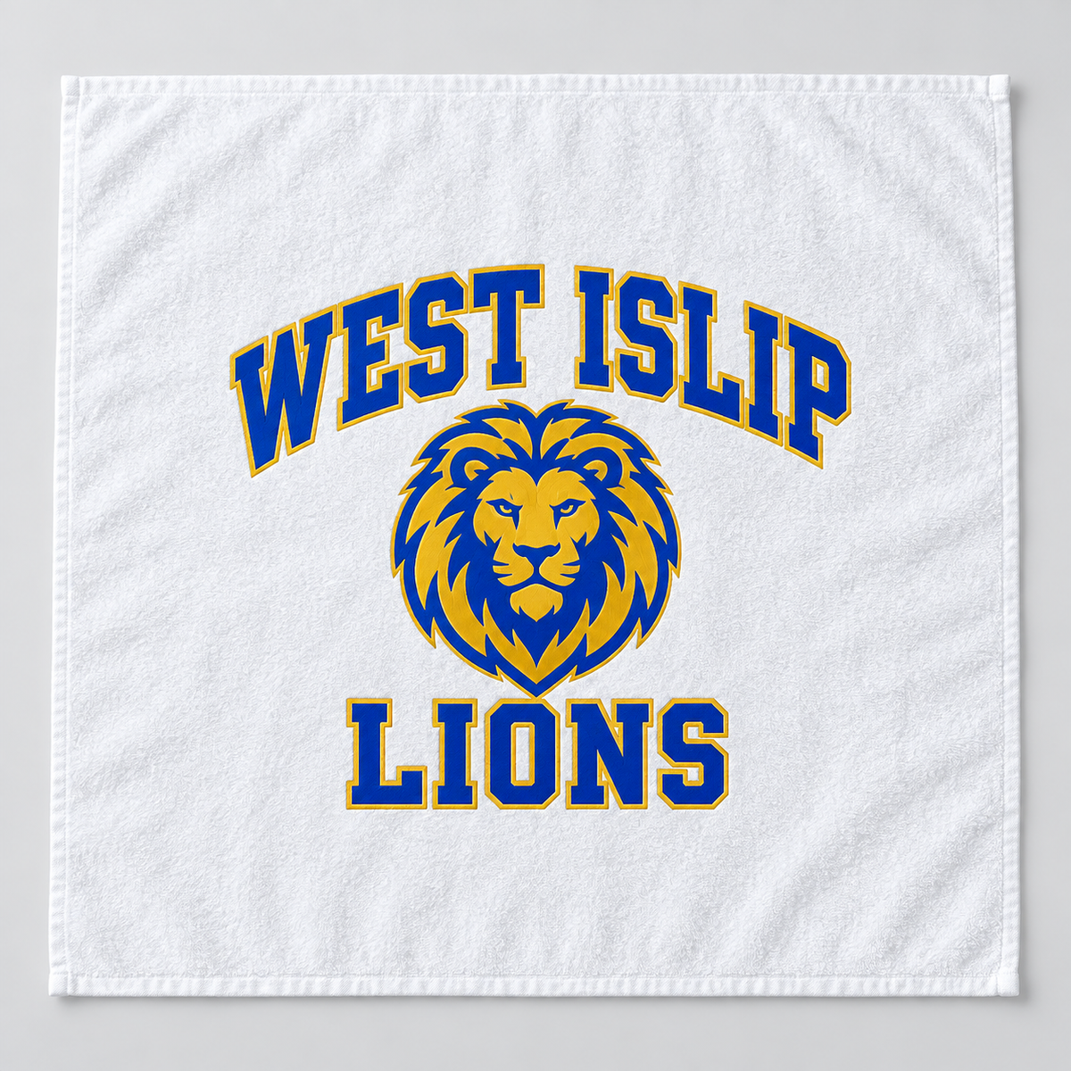 West Islip Lions white beach towel, full front view