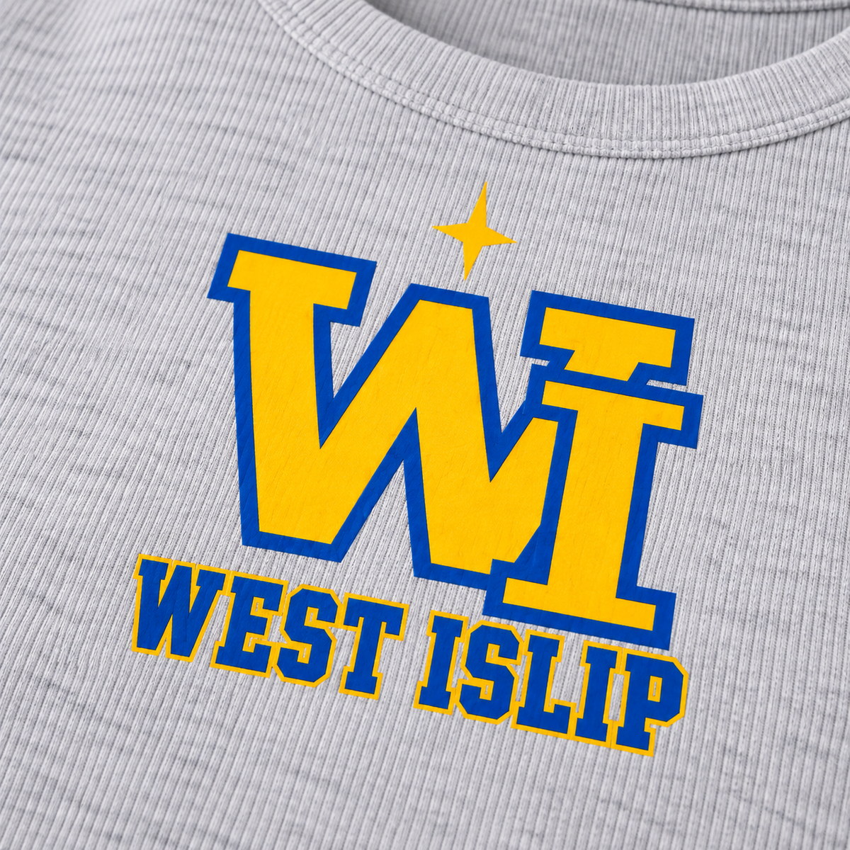 Gold and royal West Islip varsity print on heather micro-rib fabric