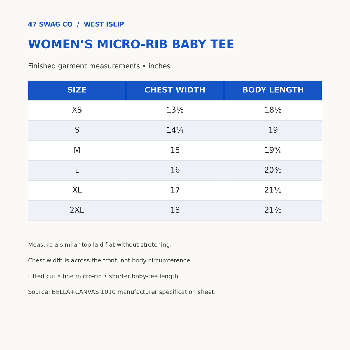 Women's micro-rib baby tee size chart XS through 2XL