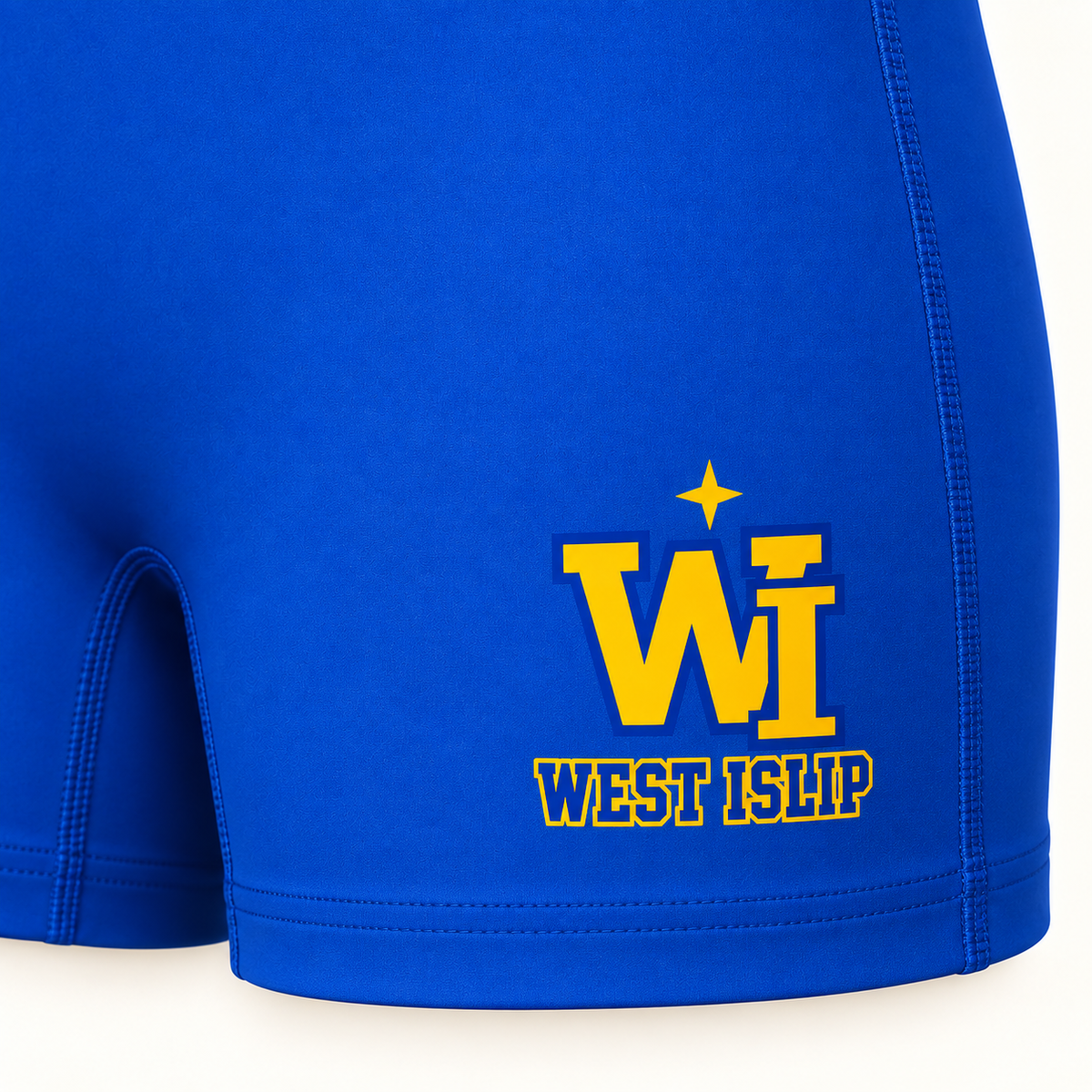 Gold and royal WI West Islip print detail on training shorts