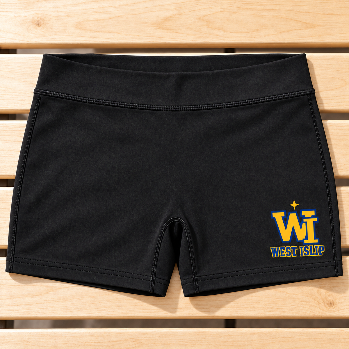 Black West Islip women's shorts on a gym bench