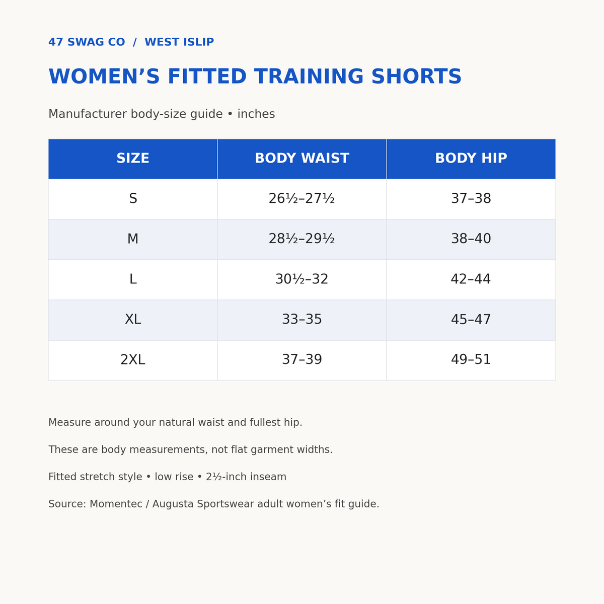 Women's training shorts body size guide S through 2XL in inches