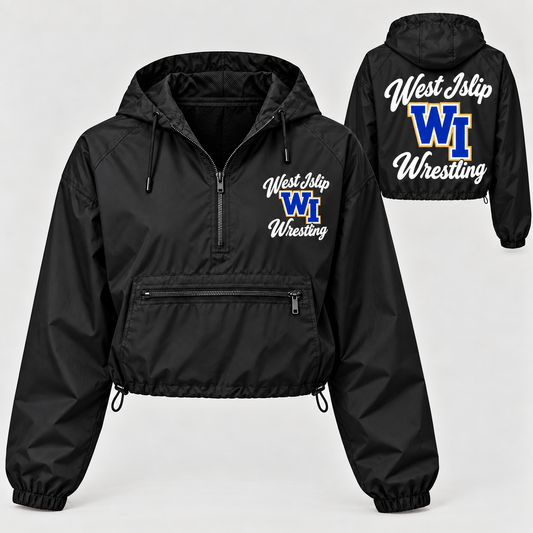Front and back of black West Islip Wrestling script crop windbreaker with royal blue WI and gold outlines