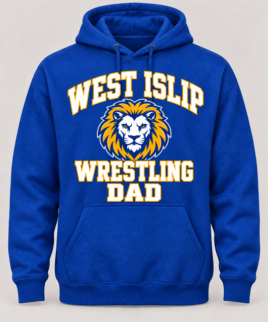 West Islip Wrestling Dad Lion Crest Pullover Hoodie in Royal Blue