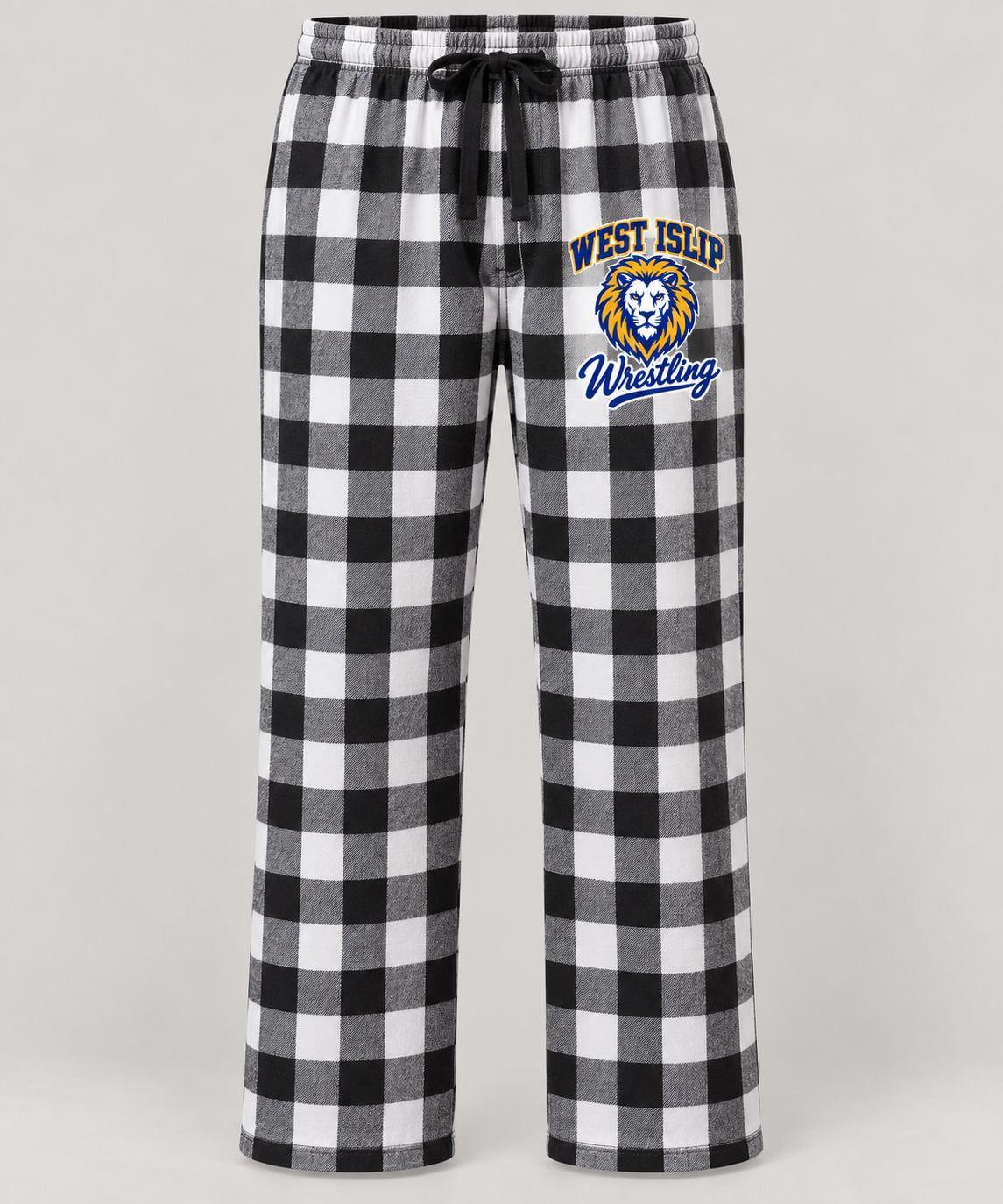 West Islip Wrestling Lion Crest Flannel Pajama Pants in Black/White Buffalo Check