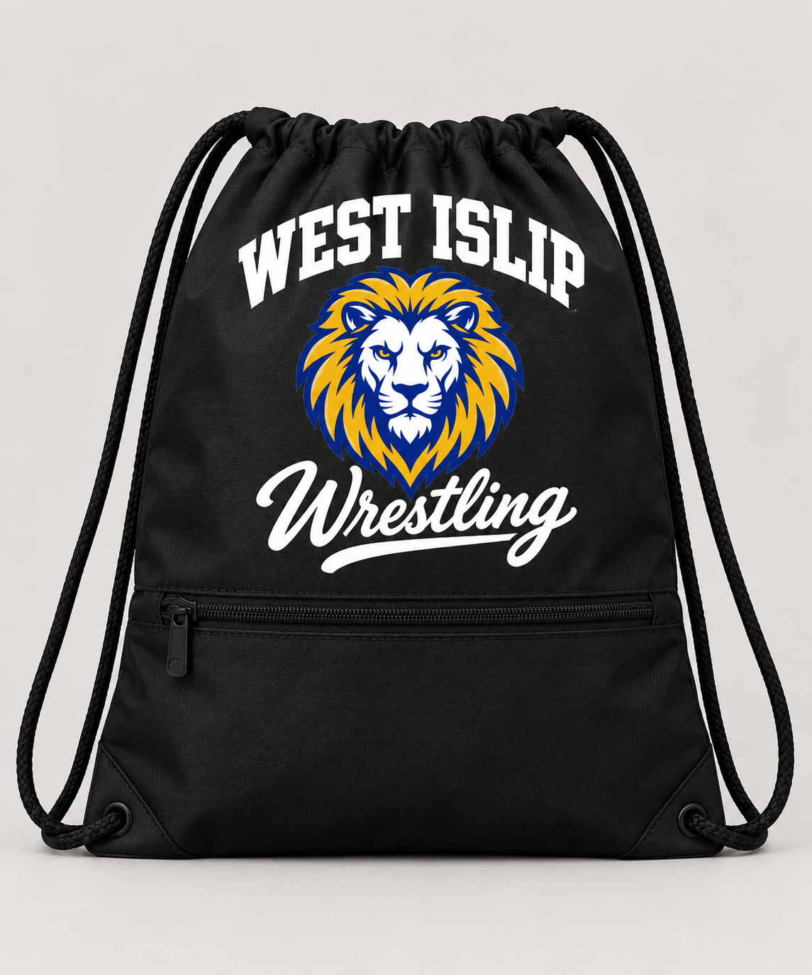 West Islip Wrestling Lion Crest Zip-Pocket Drawstring Bag in Black