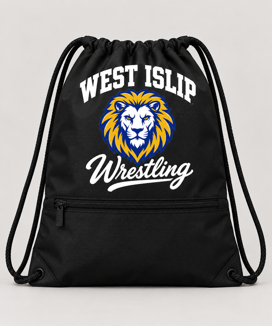West Islip Wrestling Lion Crest Zip-Pocket Drawstring Bag in Black