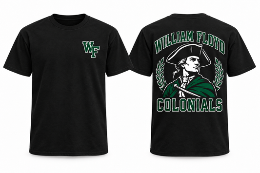 William Floyd Colonials black varsity tee front and back mockup