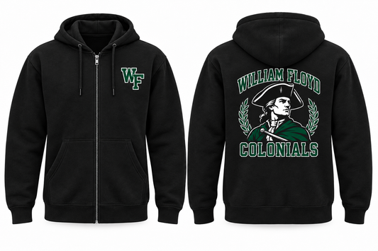 William Floyd Colonials Varsity Zip-Up Hoodie — Black front and back