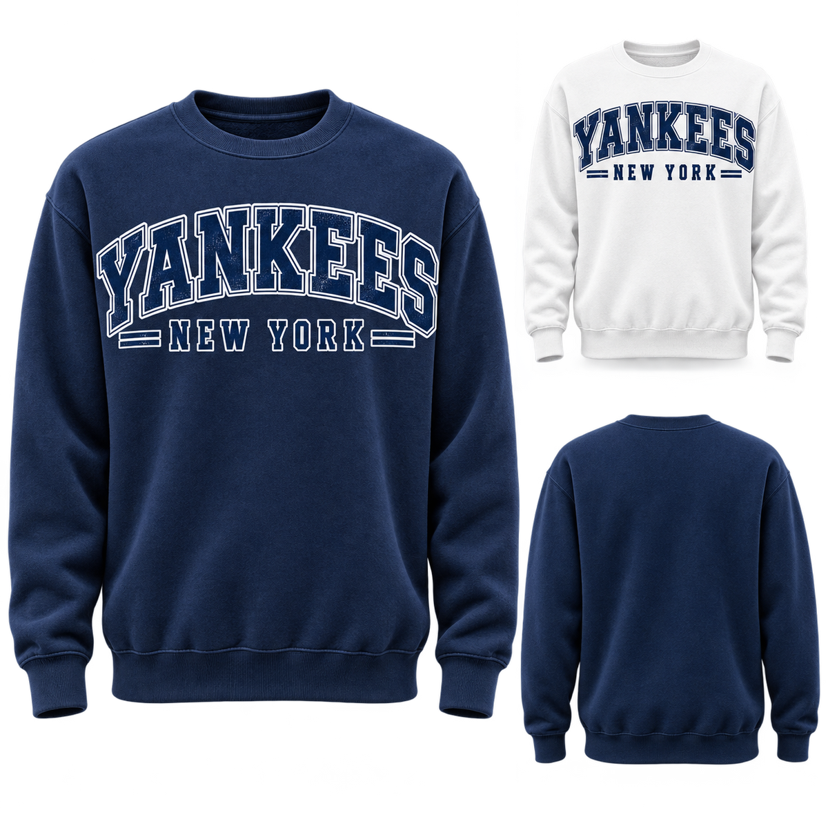 New York Yankees 80s Varsity Crewneck Sweatshirt, Navy and White colorways with plain back view