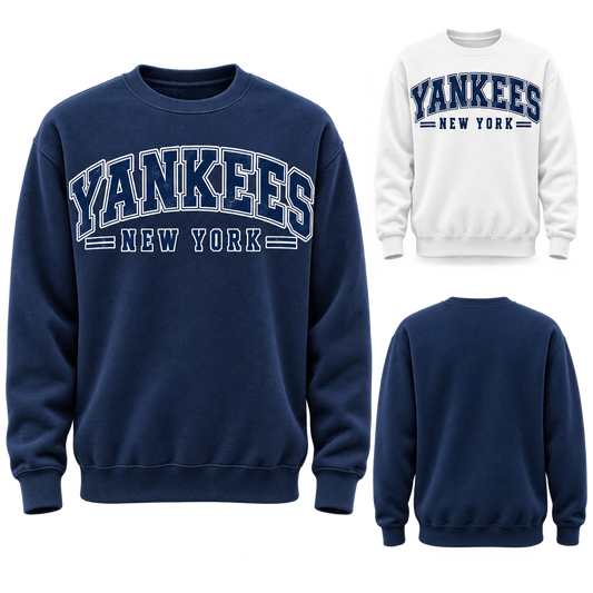 New York Yankees 80s Varsity Crewneck Sweatshirt, Navy and White colorways with plain back view