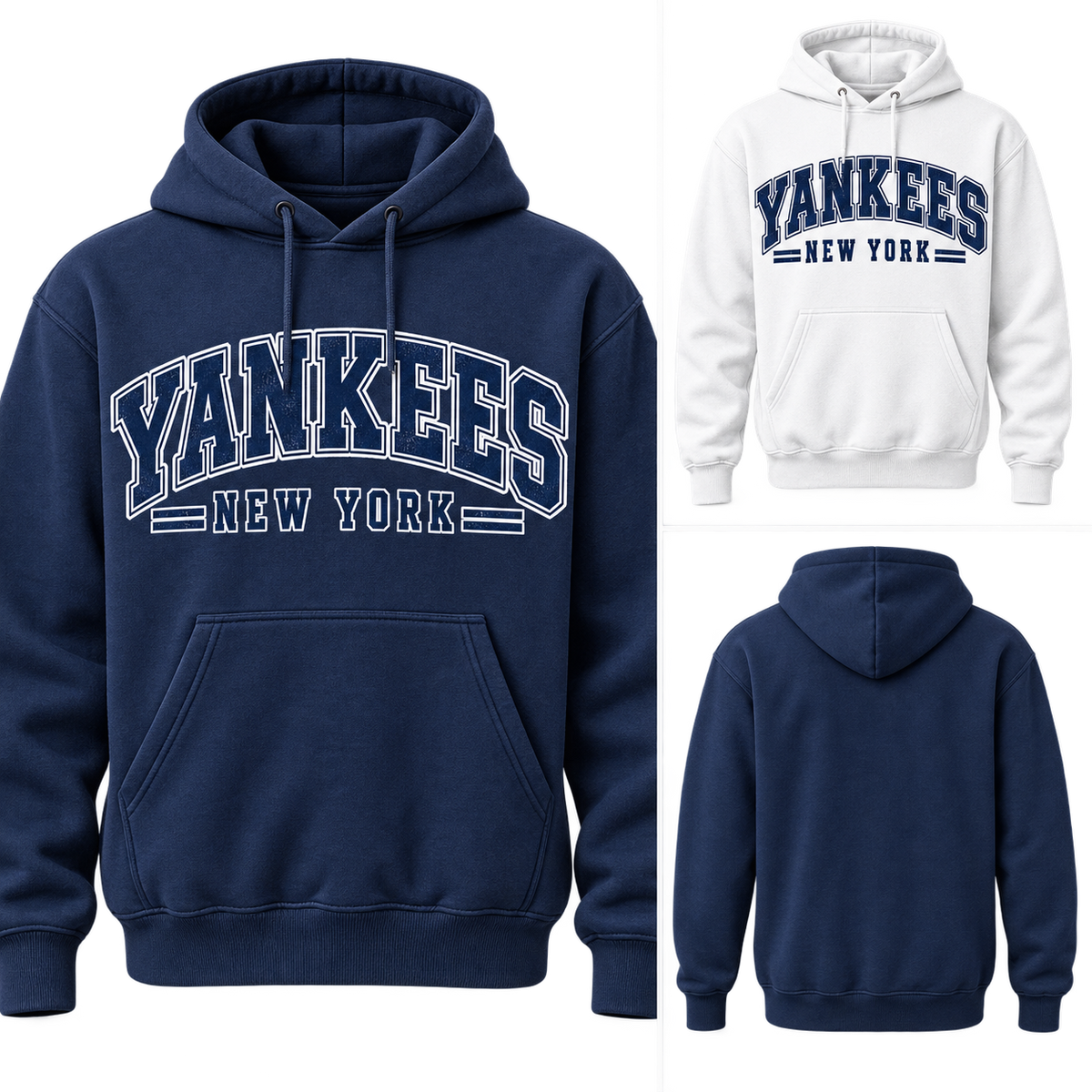 New York Yankees 80s Varsity Pullover Hoodie, Navy and White colorways with plain back view