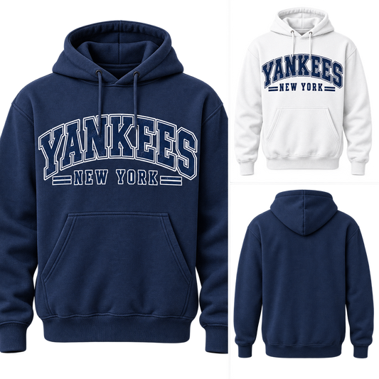New York Yankees 80s Varsity Pullover Hoodie, Navy and White colorways with plain back view