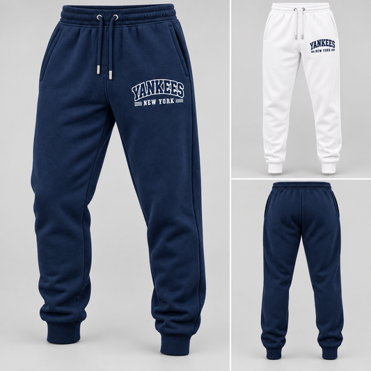 New York Yankees 80s Varsity Fleece Joggers, Navy and White colorways with plain back view