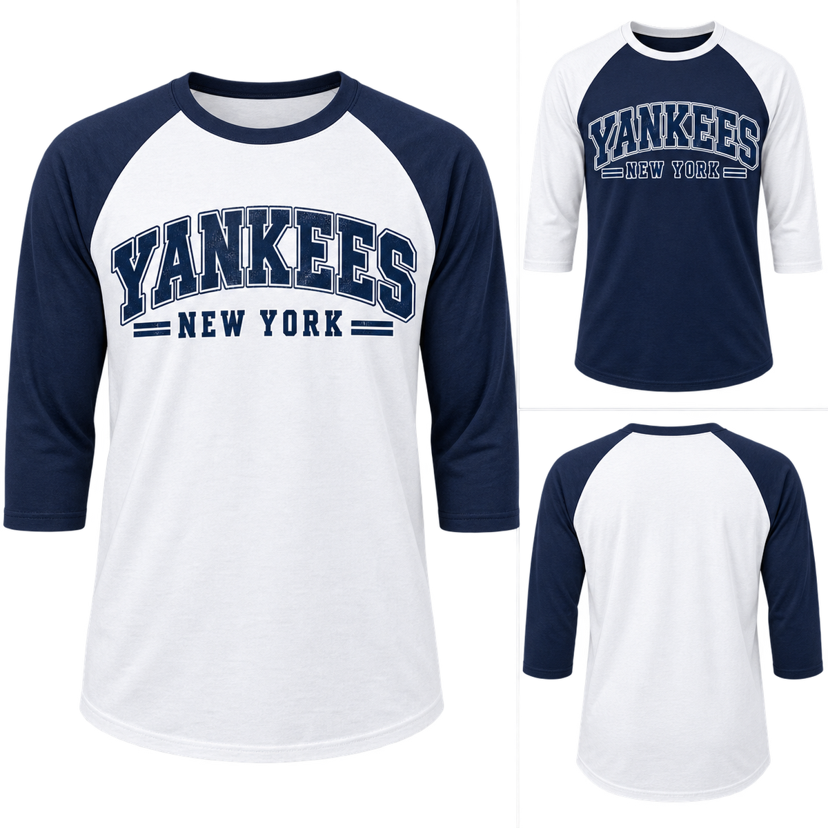 New York Yankees 80s Varsity 3/4 Sleeve Baseball Raglan, White / Navy and Navy / White colorways with plain back view