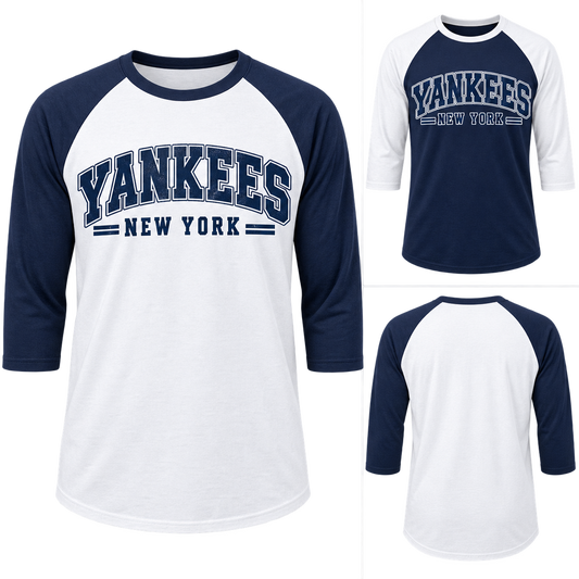 New York Yankees 80s Varsity 3/4 Sleeve Baseball Raglan, White / Navy and Navy / White colorways with plain back view