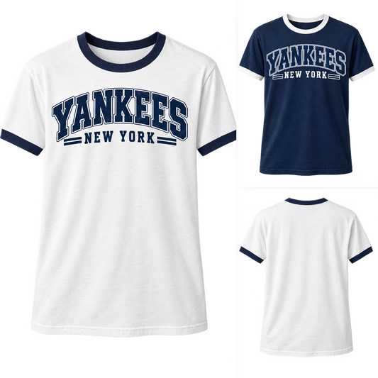 New York Yankees 80s Varsity Ringer T-Shirt, White / Navy and Navy / White colorways with plain back view