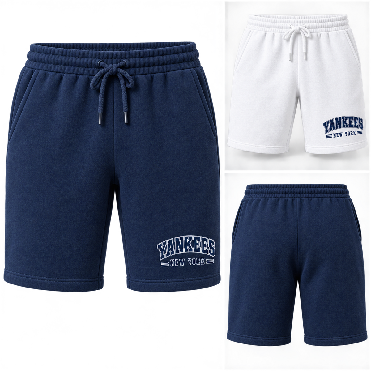 New York Yankees 80s Varsity Fleece Sweat Shorts, Navy and White colorways with plain back view