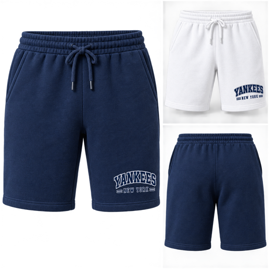New York Yankees 80s Varsity Fleece Sweat Shorts, Navy and White colorways with plain back view