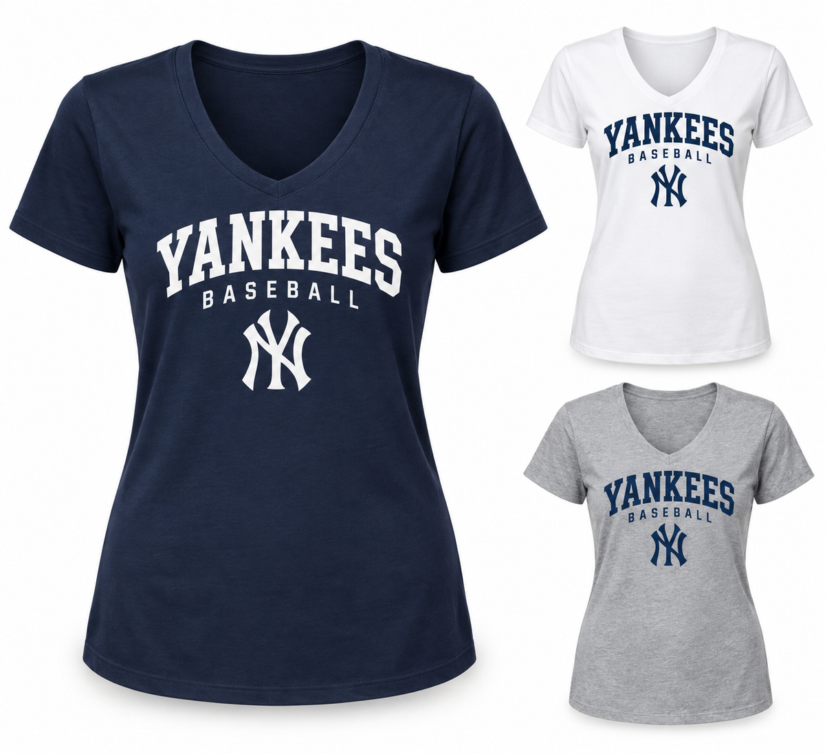 New York Yankees Baseball Original Women's V-Neck T-Shirt — Navy, White, Sport Gray
