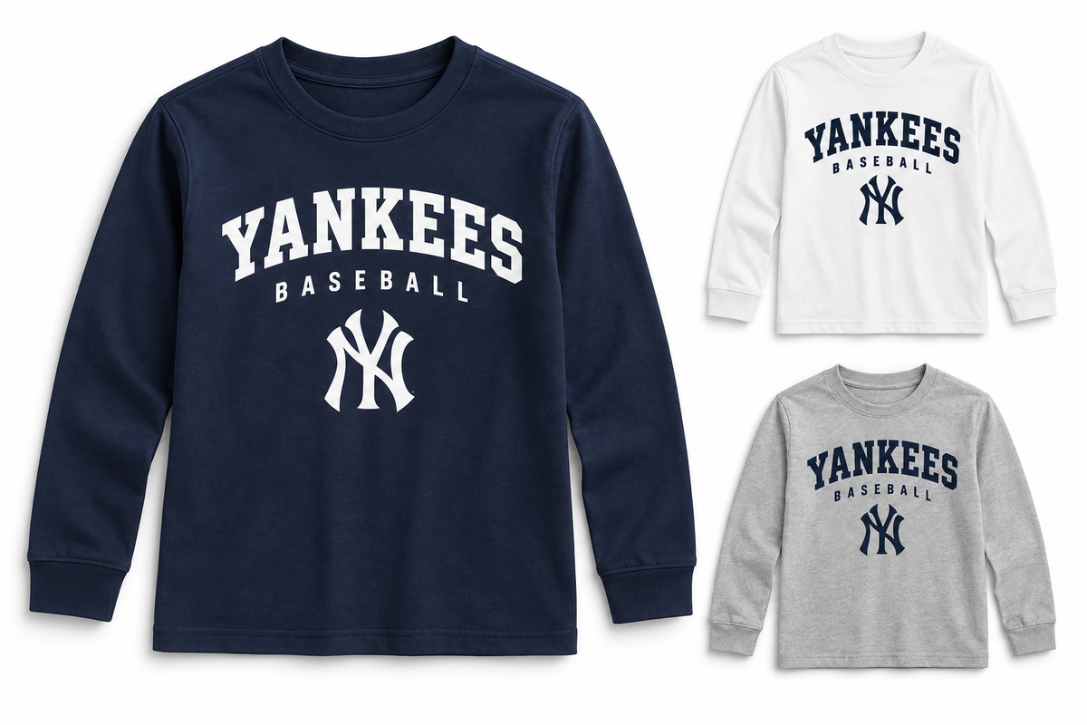 New York Yankees Baseball Original Youth Long Sleeve T-Shirt — Navy, White, Sport Gray