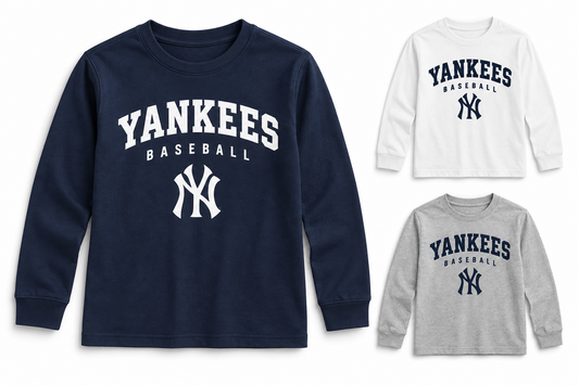 New York Yankees Baseball Original Youth Long Sleeve T-Shirt — Navy, White, Sport Gray