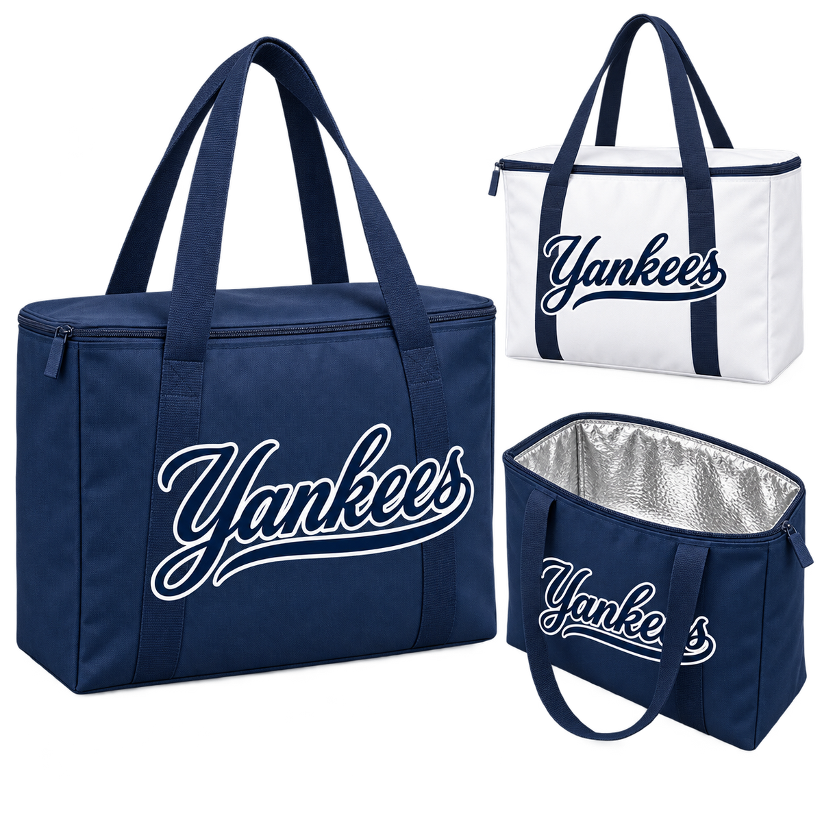 New York Yankees Clean Script Insulated Cooler Tote: Navy and White / Navy with insulated interior detail