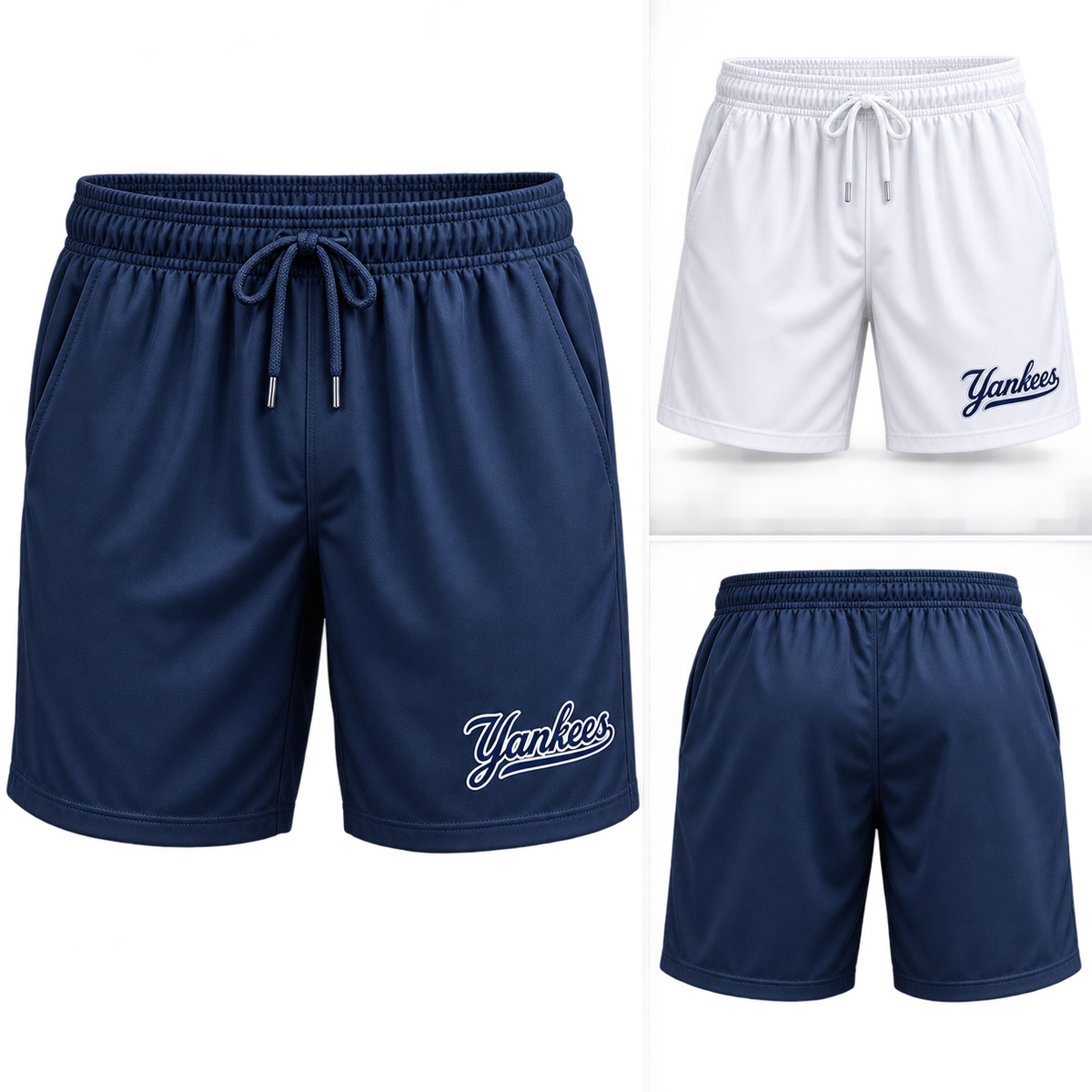 New York Yankees Clean Script Polyester Athletic Shorts: Navy and White with back detail