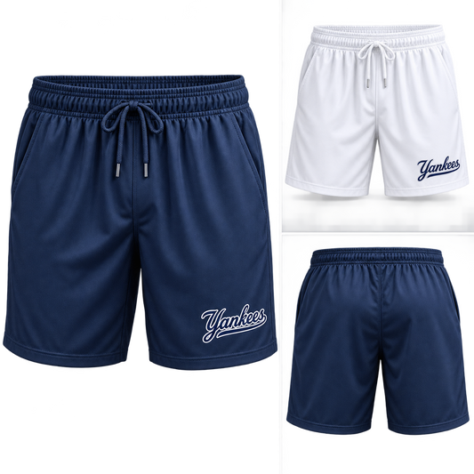 New York Yankees Clean Script Polyester Athletic Shorts: Navy and White with back detail