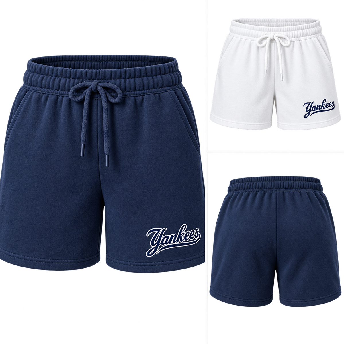 New York Yankees Clean Script Women's Lounge Shorts: Navy and White with back detail