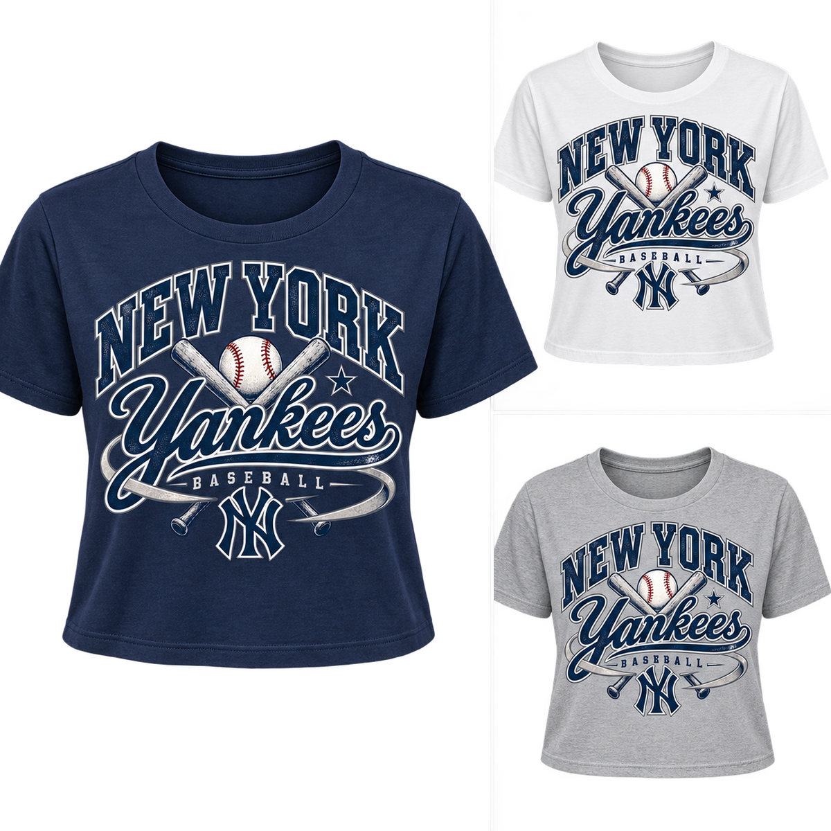 New York Yankees Retro Remix Women's Cropped T-Shirt: navy left, white top right, gray bottom right