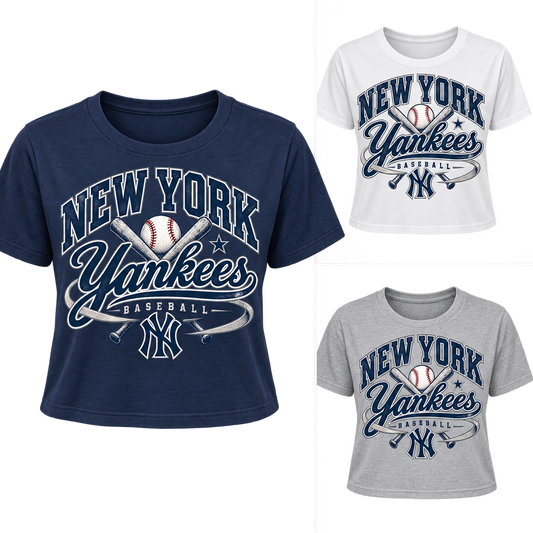 New York Yankees Retro Remix Women's Cropped T-Shirt: navy left, white top right, gray bottom right