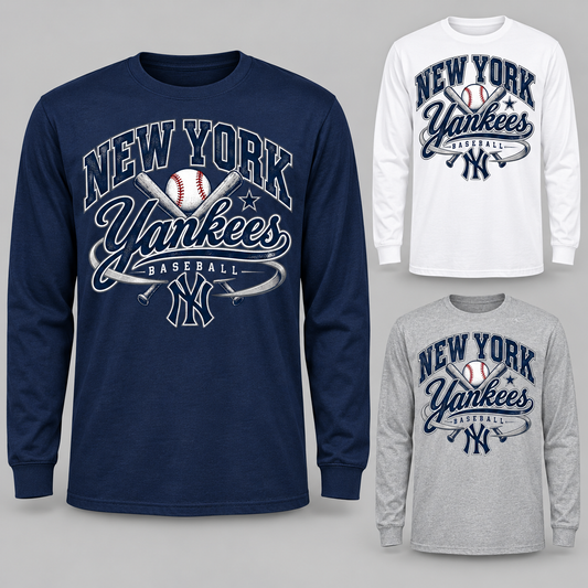 New York Yankees Retro Remix Unisex Long Sleeve T-Shirt: navy left, white top right, gray bottom right