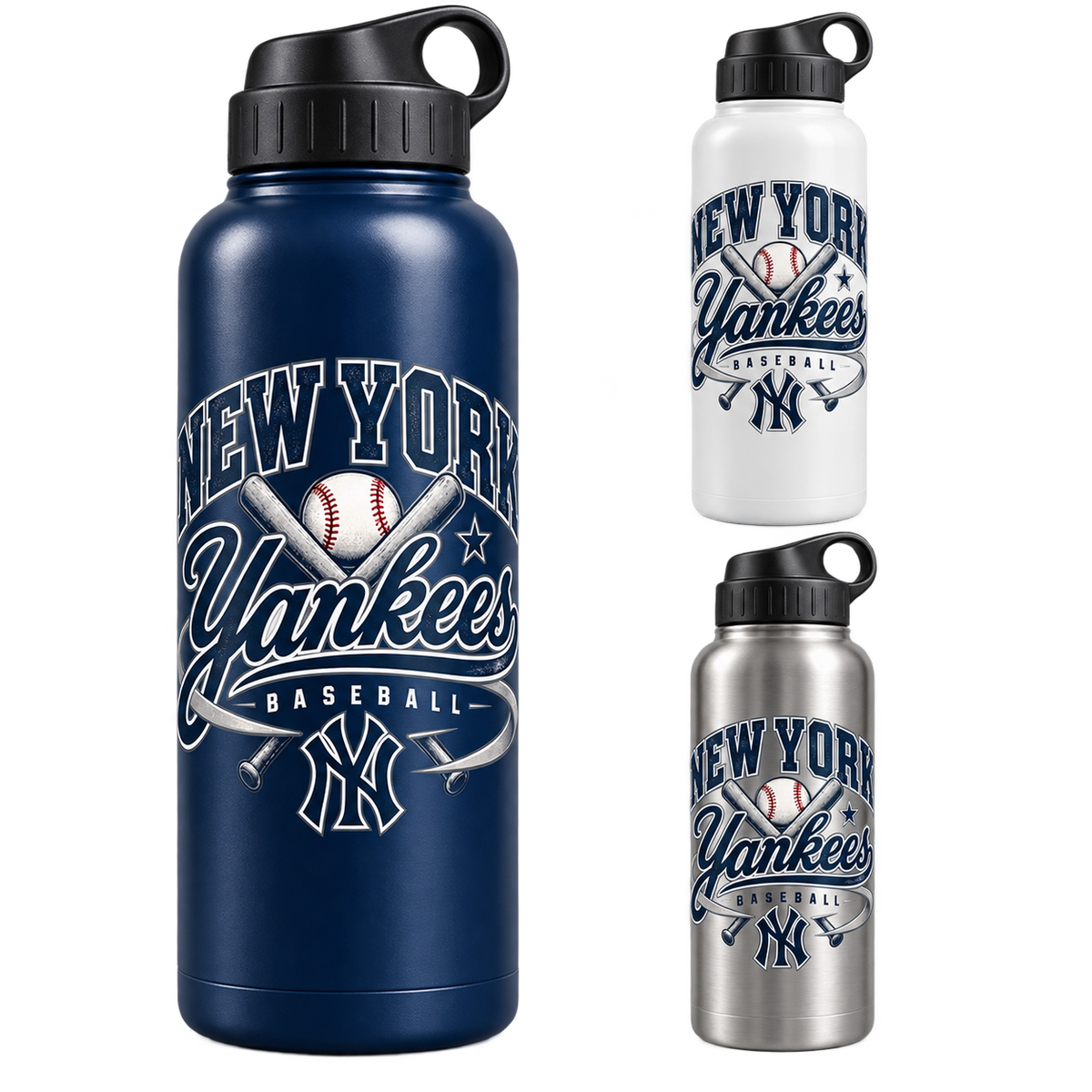 Yankees Retro Remix 24 oz water bottle: navy left, white upper right, silver lower right