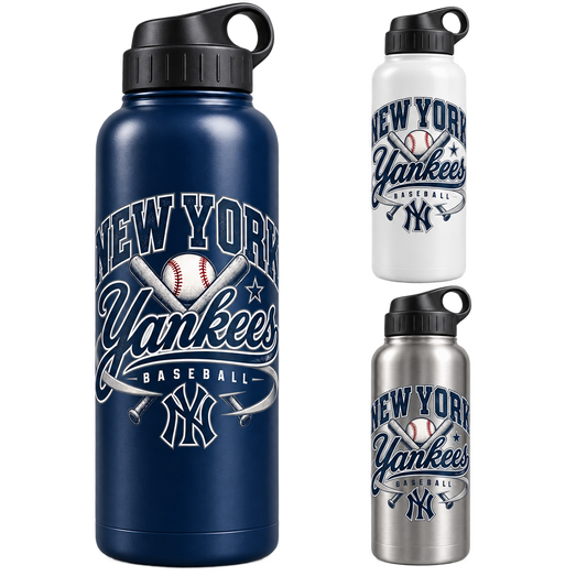 Yankees Retro Remix 24 oz water bottle: navy left, white upper right, silver lower right