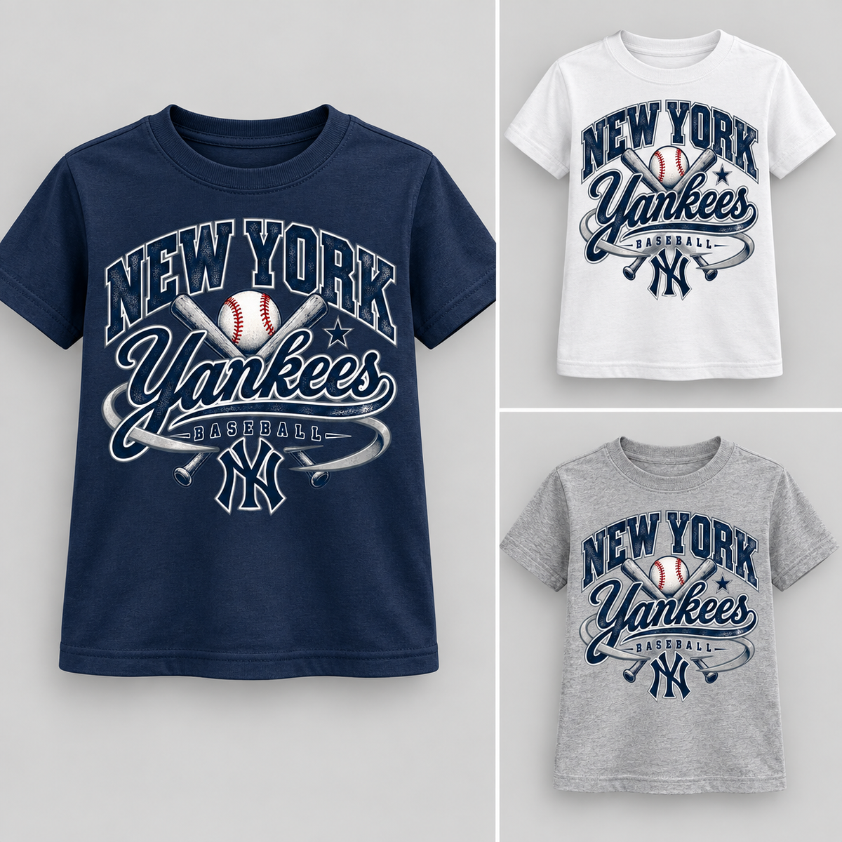 New York Yankees Retro Remix Youth T-Shirt: navy left, white top right, gray bottom right