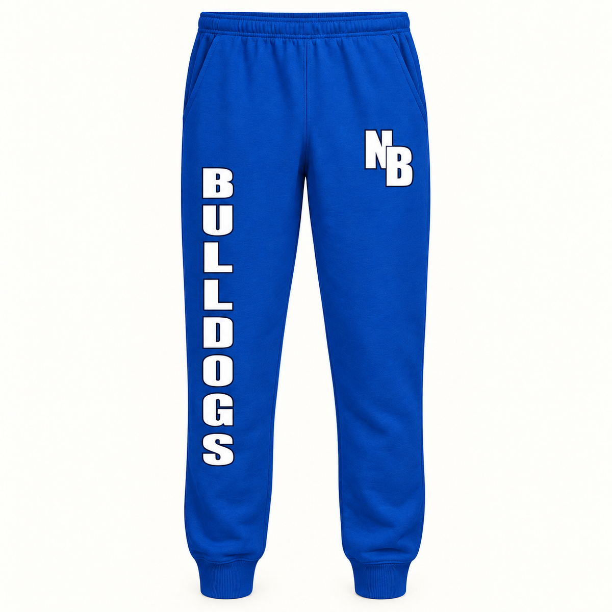 Youth North Babylon Bulldogs Jogger Sweatpants in Royal, front view showing both leg prints