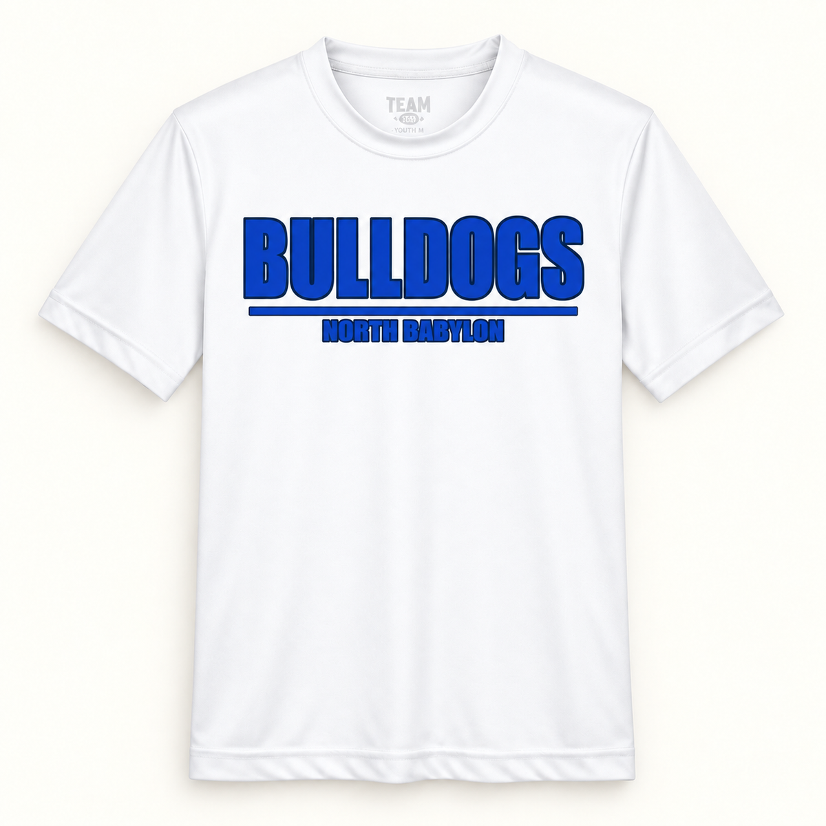 Youth North Babylon Bulldogs Performance T-Shirt in White, front view
