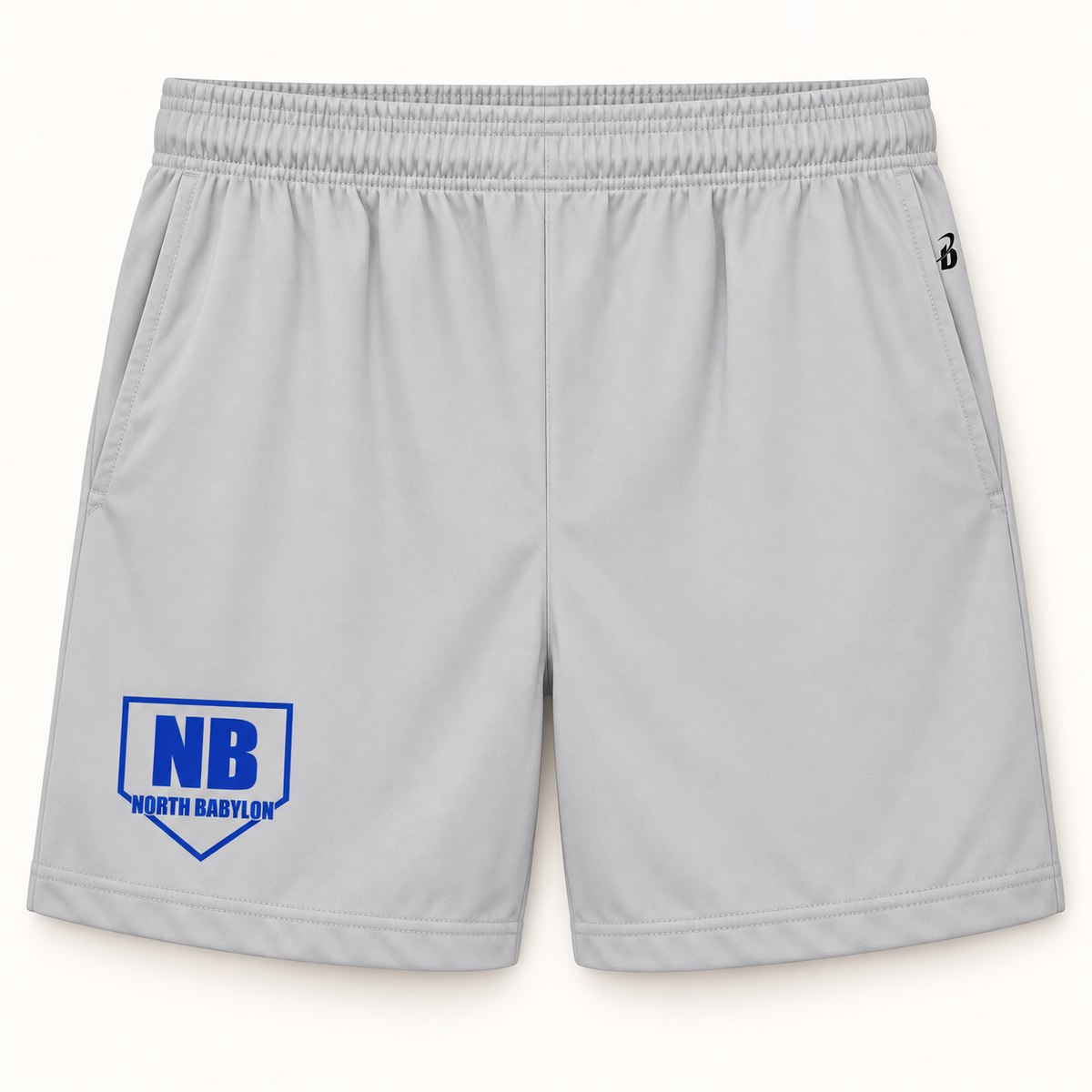 Youth North Babylon Bulldogs Polyester Athletic Shorts With Pockets in Silver, front view