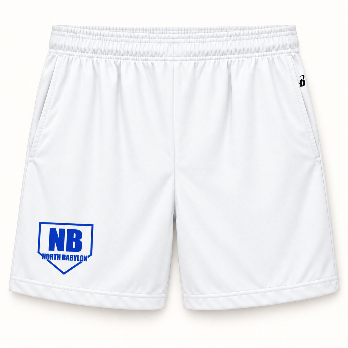Youth North Babylon Bulldogs Polyester Athletic Shorts With Pockets in White, front view