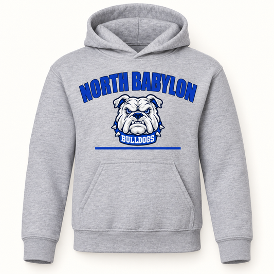 Youth North Babylon Signature Bulldogs Pullover Hoodie in Sport Grey, front view
