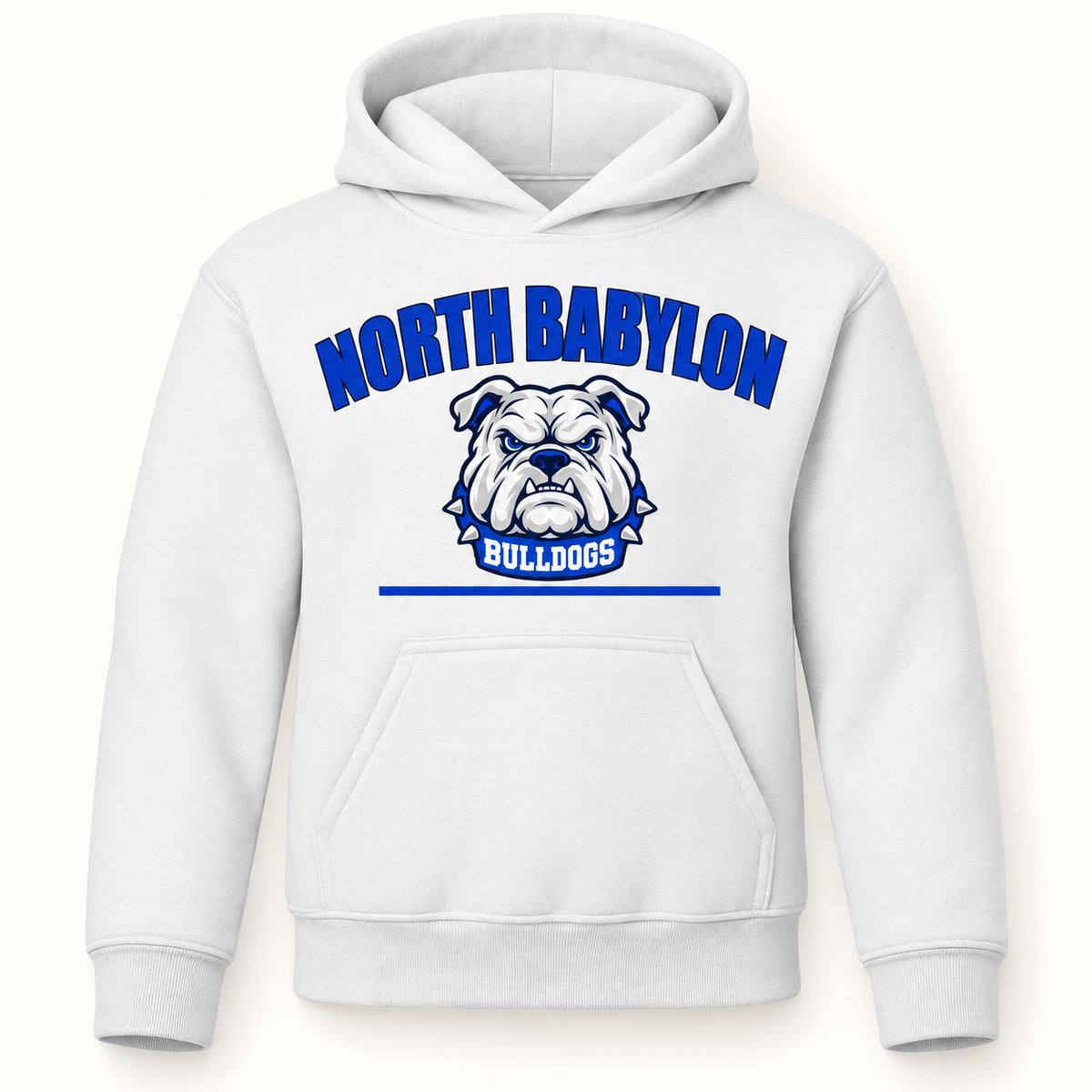 Youth North Babylon Signature Bulldogs Pullover Hoodie in White, front view